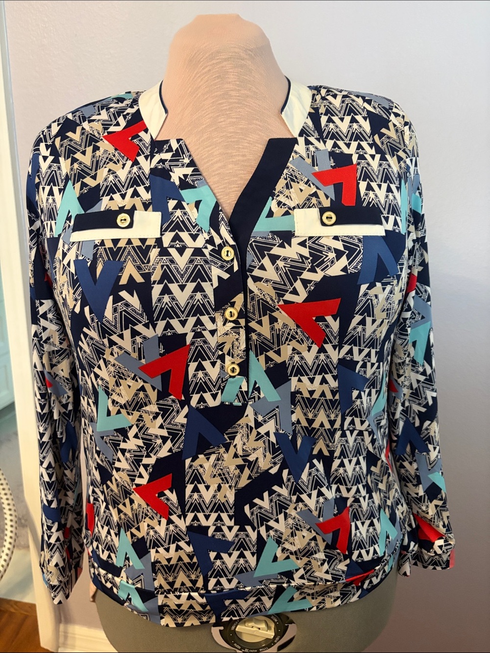 Geometric Print Long-Sleeve Blouse in Navy, Red & Teal